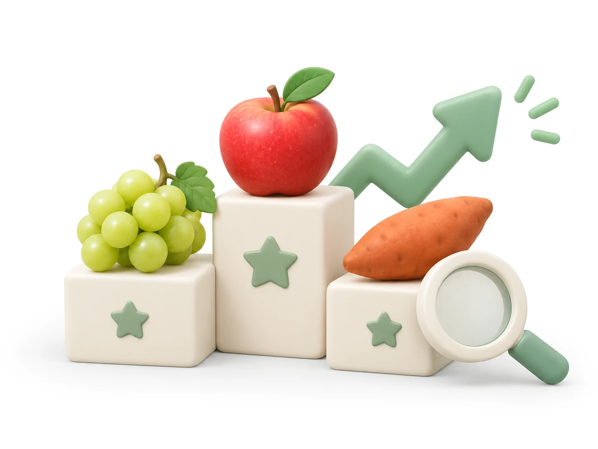 농산물이 올라간 순위 시상대와 상승 화살표, 돋보기 일러스트