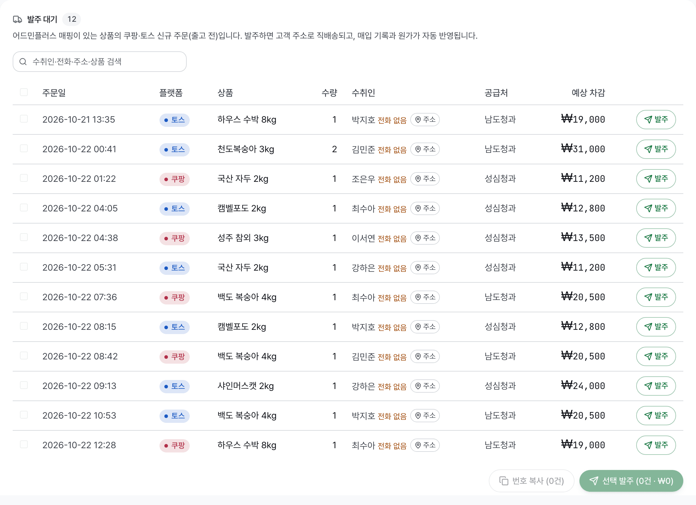 주문일과 상품, 수취인, 공급처, 예상 차감액과 발주 버튼이 있는 발주 대기 목록