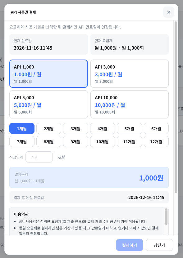 API 사용권 결제 창. 하루 1,000·3,000·5,000·10,000회 요금제 카드, 1~12개월 선택, 결제 금액과 결제 후 예상 만료일