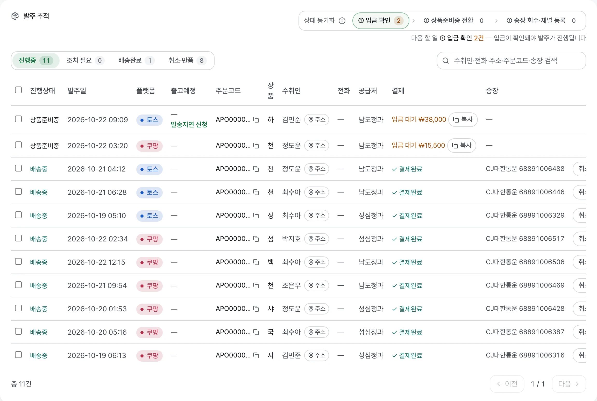 상태 동기화 ①②③ 단계와 발주별 진행 상태·결제·송장 칸이 있는 발주 추적